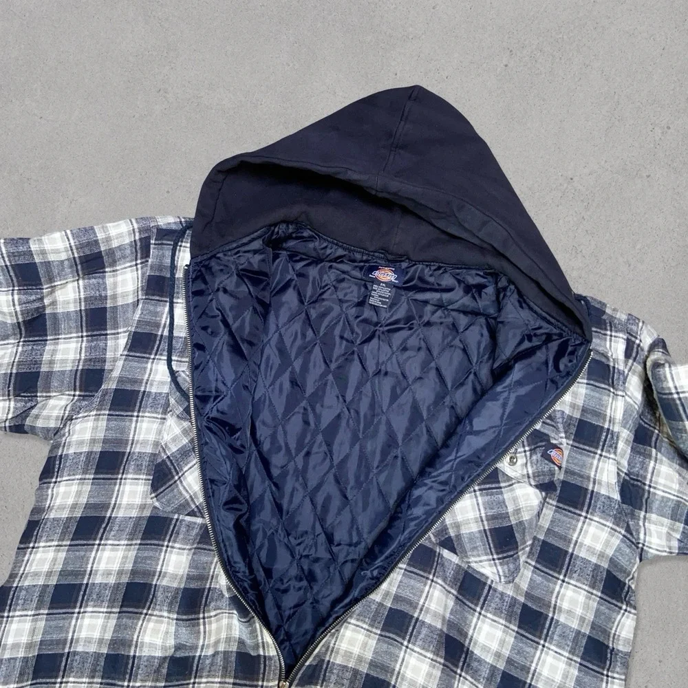 Dickies Quilted Hooded Flannel Jacket Men's 2XL Blue Gray Plaid Full Zip Workwea